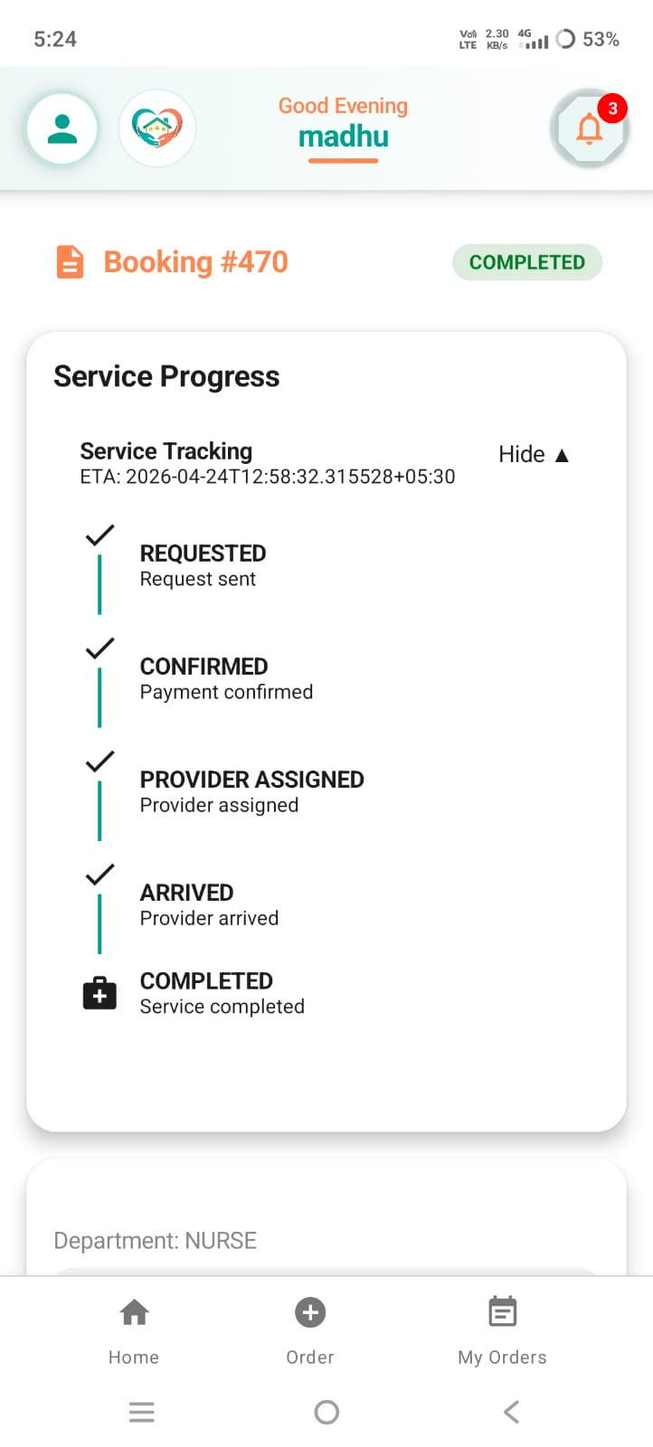 AIDO App – Track Service Screen